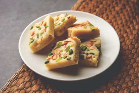 Milk powder barfi also known as Mava burfi, white Khoya burfi or Barfee, Indian Sweet foodの写真素材