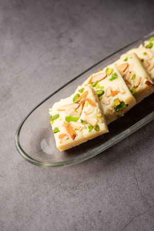 Milk powder barfi also known as Mava burfi, white Khoya burfi or Barfee, Indian Sweet foodの写真素材