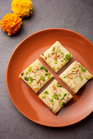 Milk powder barfi also known as Mava burfi, white Khoya burfi or Barfee, Indian Sweet foodの写真素材