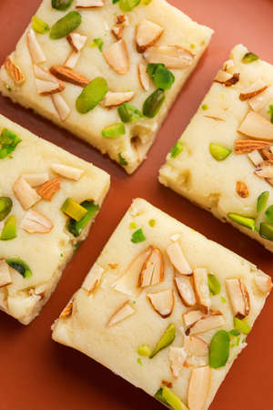Milk powder barfi also known as Mava burfi, white Khoya burfi or Barfee, Indian Sweet food