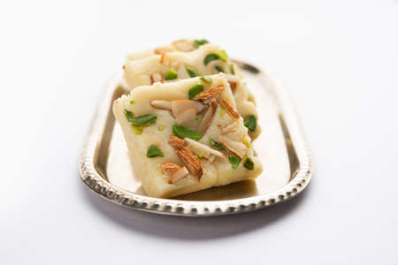 Milk powder barfi also known as Mava burfi, white Khoya burfi or Barfee, Indian Sweet food