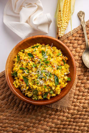 Sweet Corn Upma, makai rava uppittu made using with or without semolina , healthy Indian breakfast