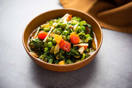 palak matar curry also known as spinach geen peas masala sabzi or sabji, indian food