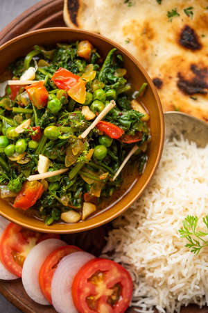 palak matar curry also known as spinach geen peas masala sabzi or sabji, indian foodの写真素材