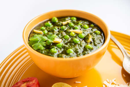palak matar curry also known as spinach geen peas masala sabzi or sabji, indian food