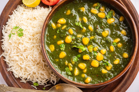 Palak sweet corn sabzi also known as Spinach Makai curry sabji, north Indian main course menuの写真素材