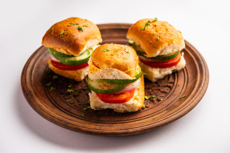 Mumbai style pav sandwich or leftover paav used for veg burgerの写真素材