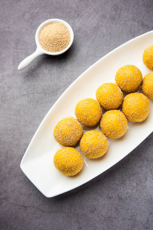 Khas khas besan laddu or poppy seeds and chickpea flour laddoÂ or laddooの写真素材