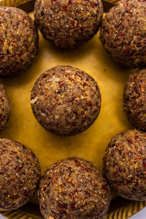 Alsi pinni laddu or flax seed laddo or healthy jawas ladoo are delicious Indian sweet energy ballsの写真素材