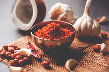 Dry garlic chutney made from red chili and dry coconut and lahsun which is famous in maharashtraの写真素材