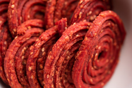 Beatroot chakli, murukku, Beetroot chakli, a spiral fried snack from India made in Diwali festival