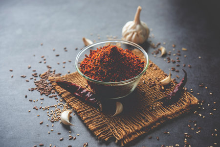 Jawas or Javas chutney made using Flax seeds, flaxseeds powder, garlic, red chilly, Indian relishの写真素材