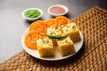 Khaman Dhokla with Jalebi or imarti, popular snack combination from Indiaの写真素材