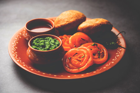 Kachori with Jalebi, snack combination from India also called kachauri, kachodi, katchuri, imartiの写真素材