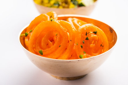 Aloo Poha with Jalebi, snack combination also called imarti and kande pohe