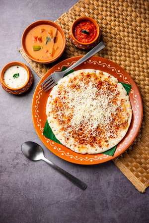 Cheese uttapam pizza, south Indian food with a twist. served with sambar and chutneyの写真素材