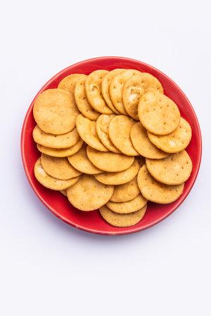 Mathri or mathari is a Rajasthani, Indian snack and a type of flaky biscuit, tea time snackの写真素材