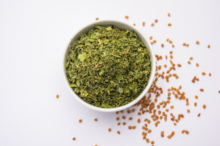Kasuri Methi or Kasoori Methi or dried fenugreek leaves also known as Trigonella Foenum Graecumの写真素材