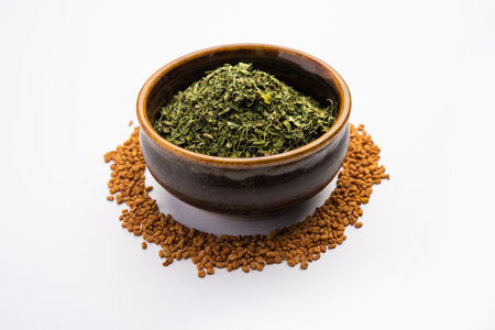 Kasuri Methi or Kasoori Methi or dried fenugreek leaves also known as Trigonella Foenum Graecumの写真素材