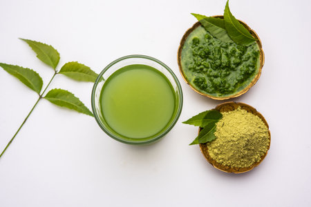 Neem Powder, paste and juice. Azadirachta indica or commonly known as nimtree or Indian lilacの写真素材
