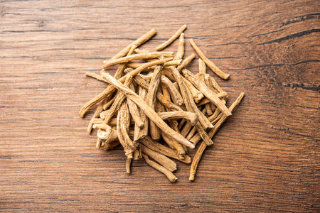 Ashwagandha or Aswaganda OR Indian Ginseng is an Ayurveda medicine in stem and powder formの写真素材