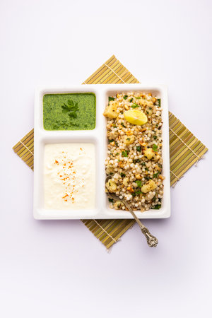 Sabudana Khichadi - An authentic dish from Maharashtra made with sago seeds, served with curdの写真素材