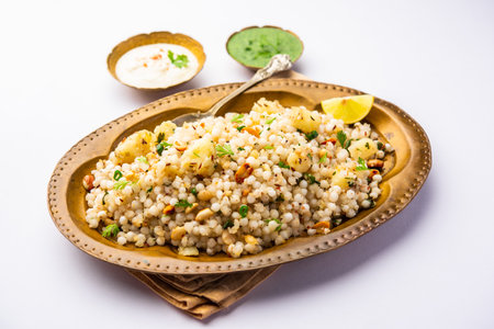 Sabudana Khichadi - An authentic dish from Maharashtra made with sago seeds, served with curdの写真素材