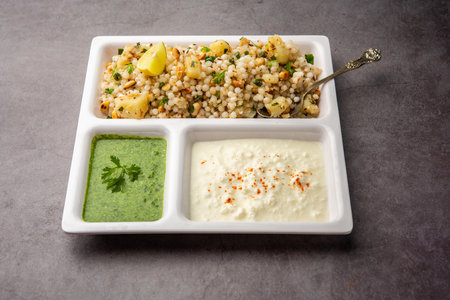 Sabudana Khichadi - An authentic dish from Maharashtra made with sago seeds, served with curdの写真素材