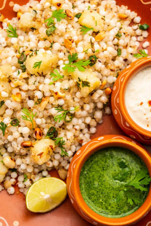 Sabudana Khichadi - An authentic dish from Maharashtra made with sago seeds, served with curdの写真素材