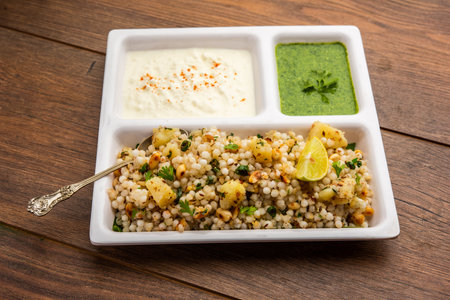 Sabudana Khichadi - An authentic dish from Maharashtra made with sago seeds, served with curdの写真素材