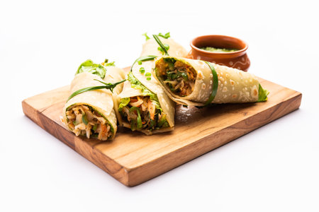 Indian chapati veg spring Rolls filled with vegetables and spices, also called franky