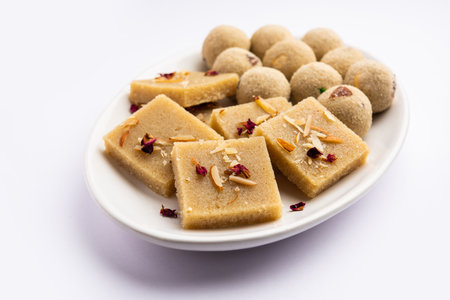 Rava barfi with laddu also called sooji burfi and Laddoo. Indian Sweet made with semolinaの写真素材