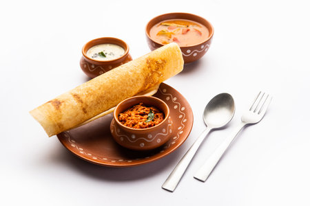 A dosa, also called dosai, dosey, or dosha, is a thin pancake in South Indian cuisineの写真素材
