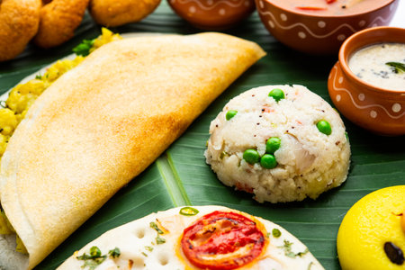 South Indian Masala Dosa, Uttapam, Idli vada sambar, semolina halwa, upma served over banana leafの写真素材