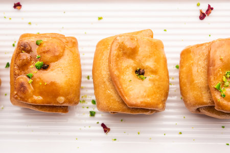 Lavang Latika: traditional Indian sweet. Crescent shape, deep-fried, soaked in sugar syrup. Served...