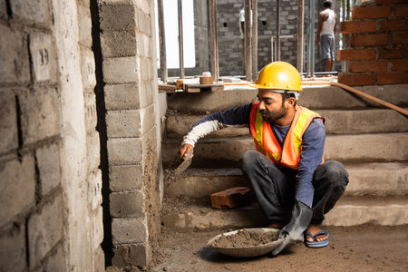Happy Indian male construction worker constructing brick wall - hard working concept, manual labour