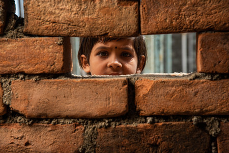 An Indian labour girl child looking  through under construction brick wall windowの写真素材