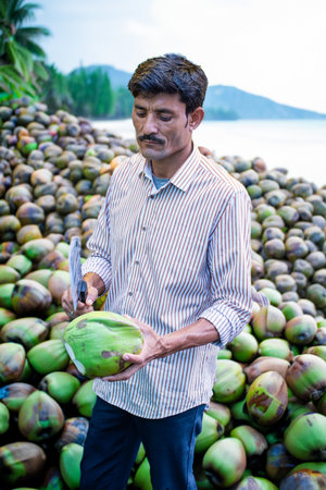 Coconut water vendor - indian man selling fresh nariyal paani on streetの写真素材