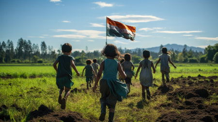 indian kids running with Indian national flag going far in the open farm in villageの素材