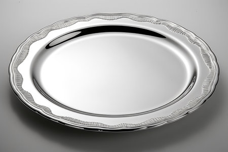 Empty or blank Silverware, round shape Silver Plate with decorative border, isolated over whiteの素材