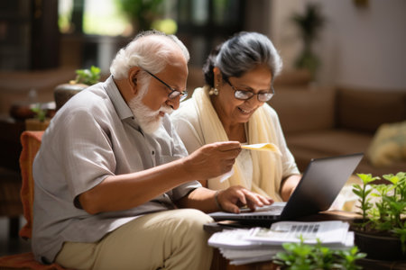 Senior Indian asian couple accounting, checking bills on laptop, calculator and money at deskの素材