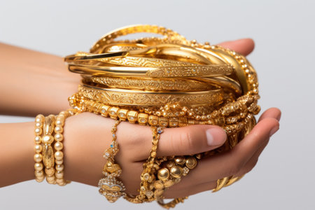closeup of female hand holding gold jewelry, ornaments - Asset or Gold Loan conceptの素材