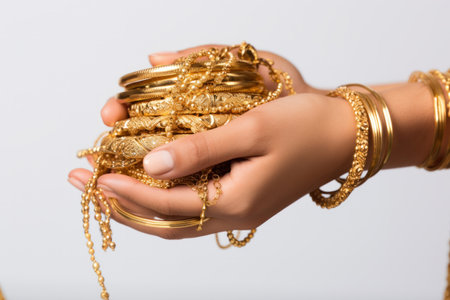closeup of female hand holding gold jewelry, ornaments - Asset or Gold Loan conceptの素材
