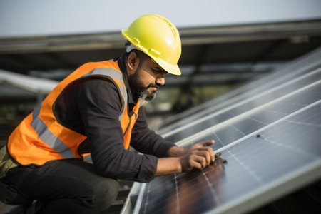 Indian technician installing solar panel over home roof in Indiaの素材