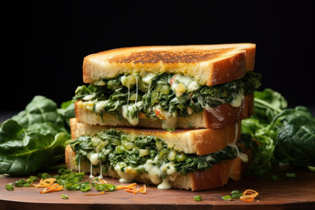 Grilled spinach or corn sandwiches with cheese over rustic background. selective focusの素材