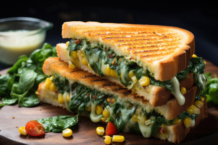 Grilled spinach or corn sandwiches with cheese over rustic background. selective focusの素材