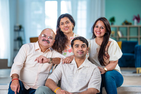 Indian family of four posing for a group photo in living room at modern homeの写真素材