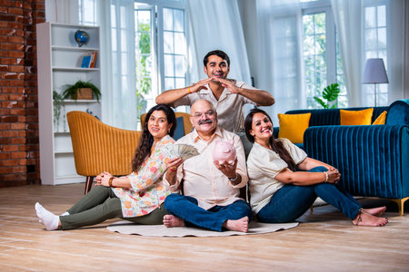 financial planning, Indian family mother father and children with piggy Bank at homeの写真素材