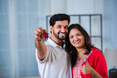 House Ownership. Young Indian Couple Showing Keys And Holding Cardboard Box in new homeの写真素材