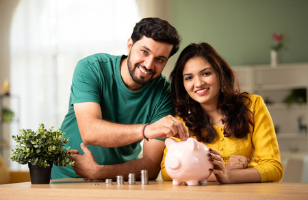 Indian asian young couple and saving concept using coins and piggy bank at homeの写真素材